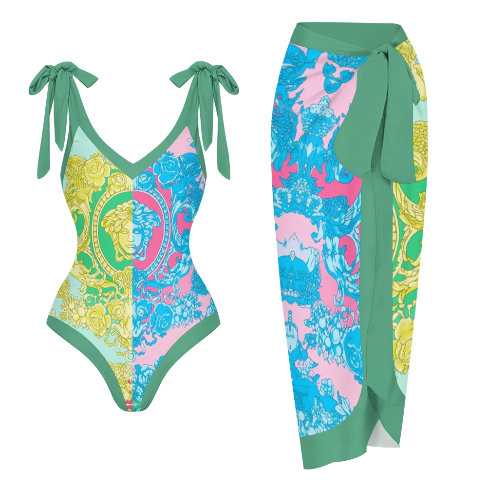 Baroque Print V-Neck One-Piece Swimsuit with Matching Wrap Skirt