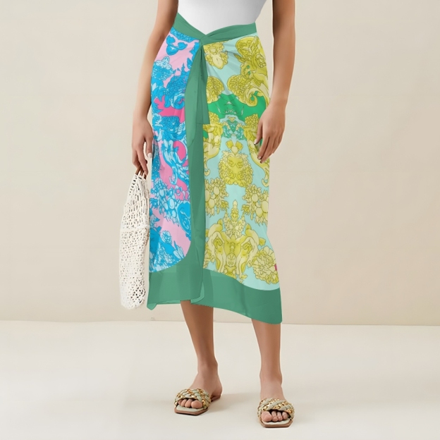 Baroque Print V-Neck One-Piece Swimsuit with Matching Wrap Skirt