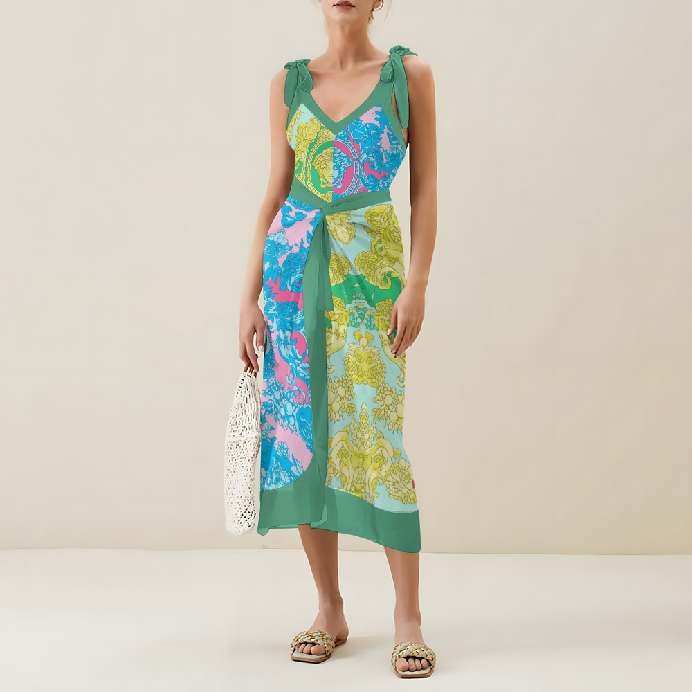 Baroque Print V-Neck One-Piece Swimsuit with Matching Wrap Skirt