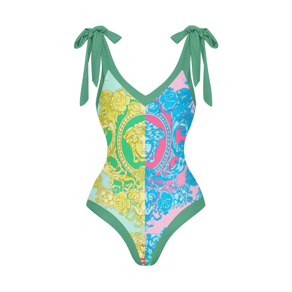 Baroque Print V-Neck One-Piece Swimsuit with Matching Wrap Skirt