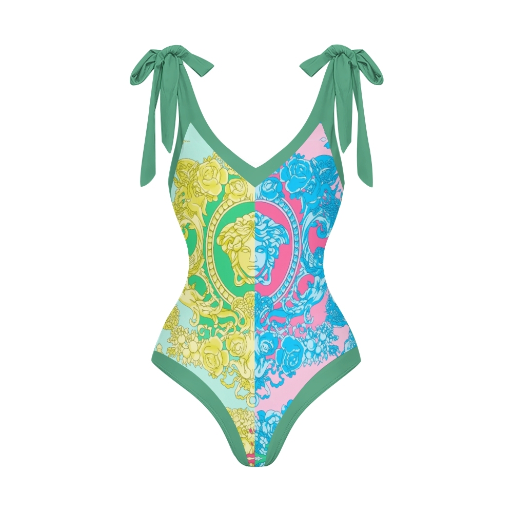 Baroque Print V-Neck One-Piece Swimsuit with Matching Wrap Skirt