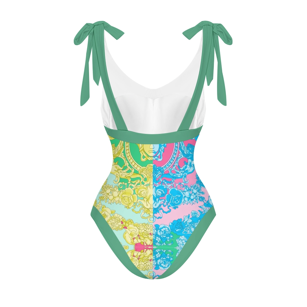 Baroque Print V-Neck One-Piece Swimsuit with Matching Wrap Skirt