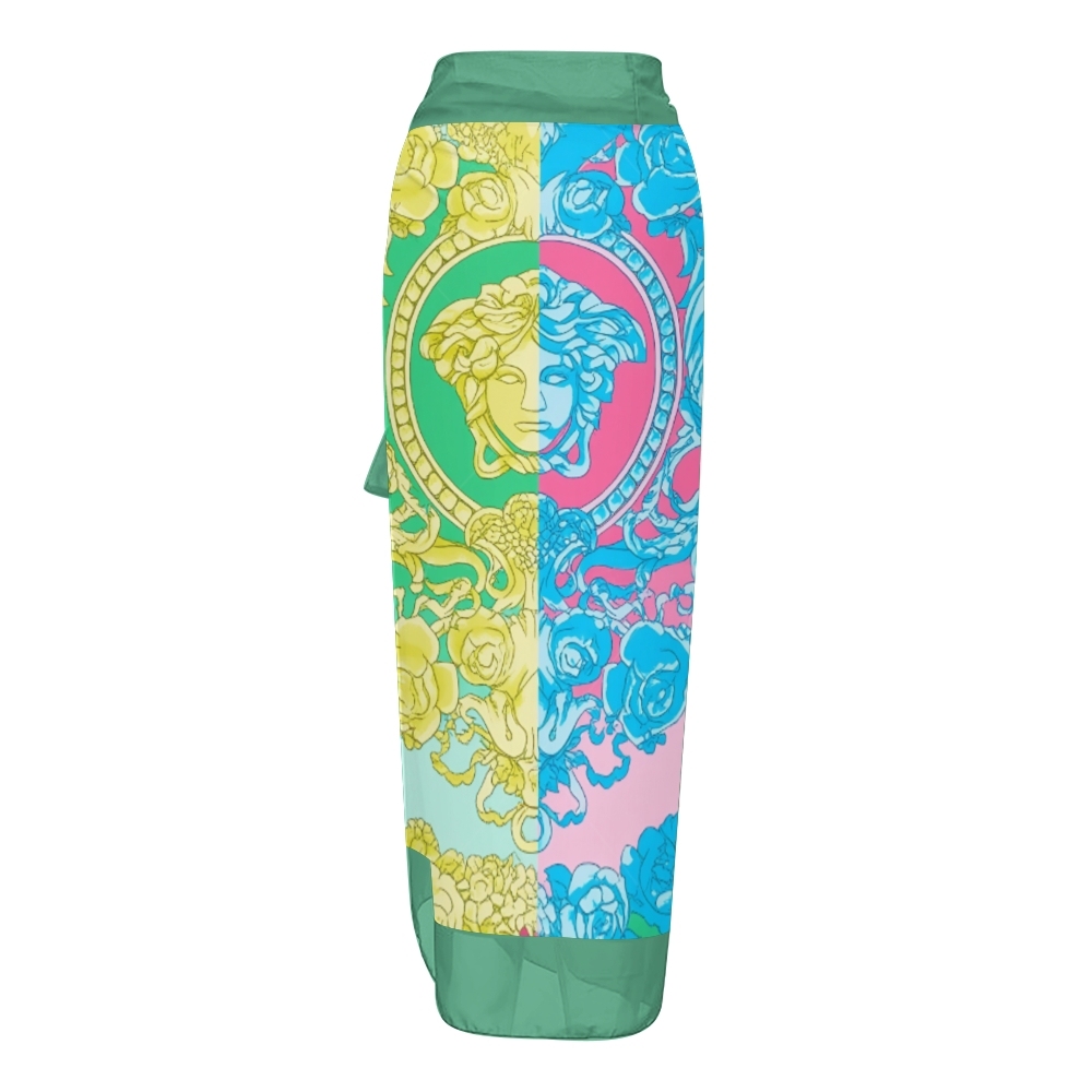 Baroque Print V-Neck One-Piece Swimsuit with Matching Wrap Skirt