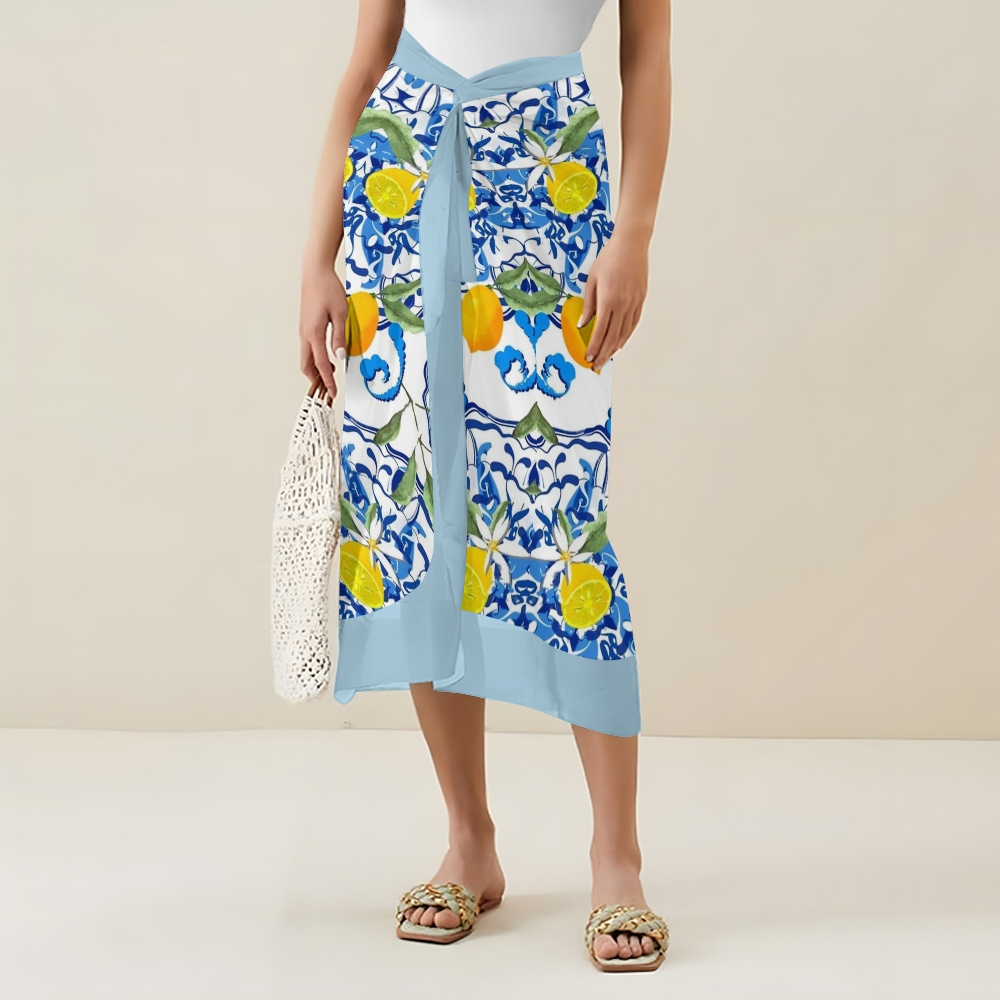 Lemon Print Baroque Shoulder Tie One-Piece Swimsuit with Matching Sarong Skirt