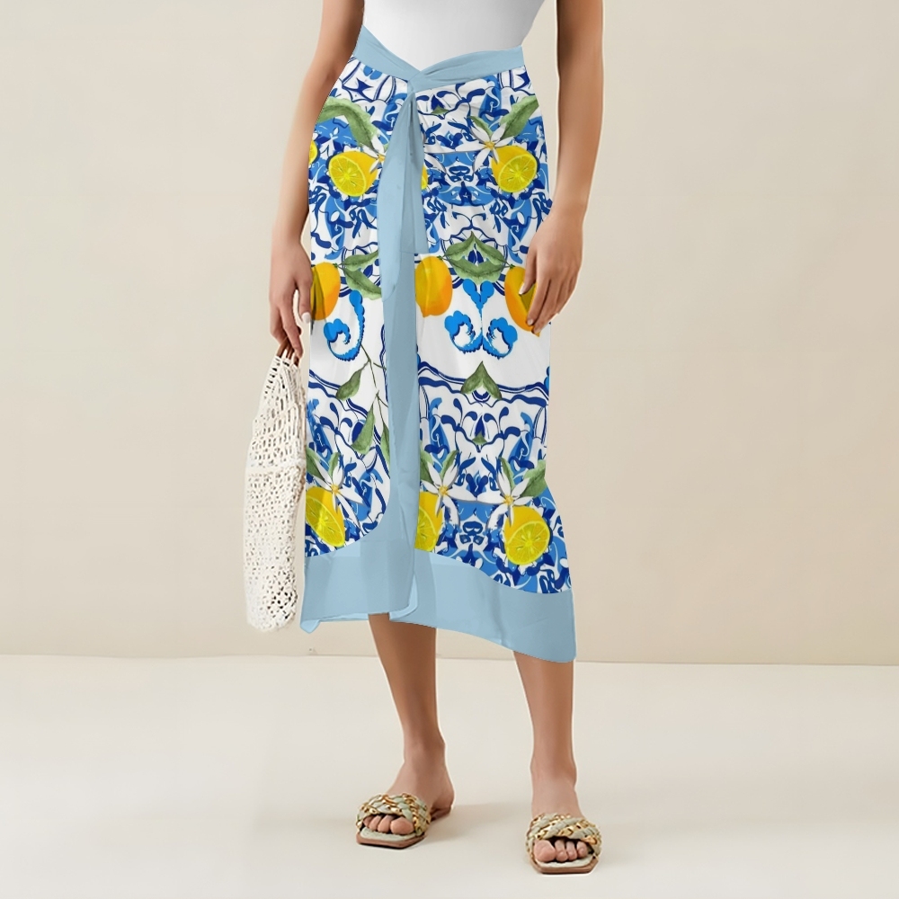 Lemon Print Baroque Shoulder Tie One-Piece Swimsuit with Matching Sarong Skirt
