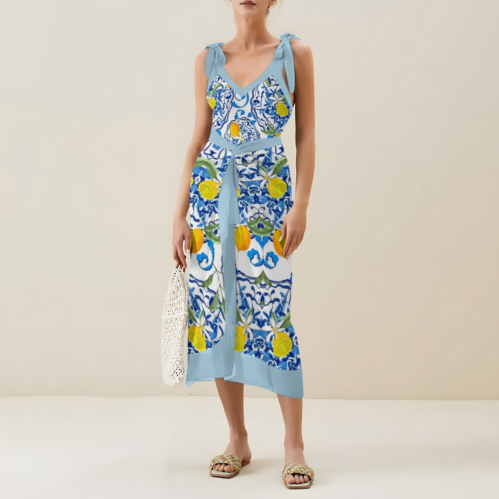 Lemon Print Baroque Shoulder Tie One-Piece Swimsuit with Matching Sarong Skirt