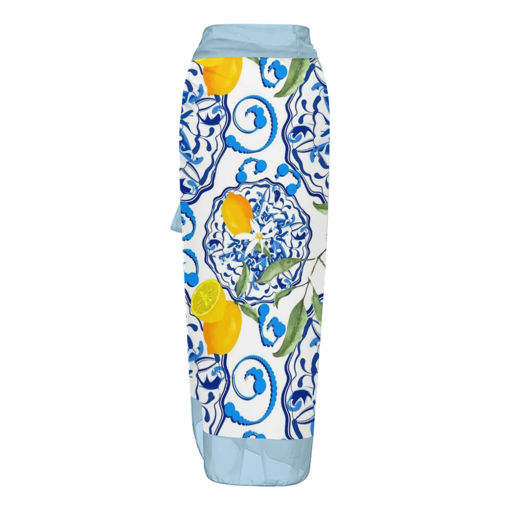 Lemon Print Baroque Shoulder Tie One-Piece Swimsuit with Matching Sarong Skirt