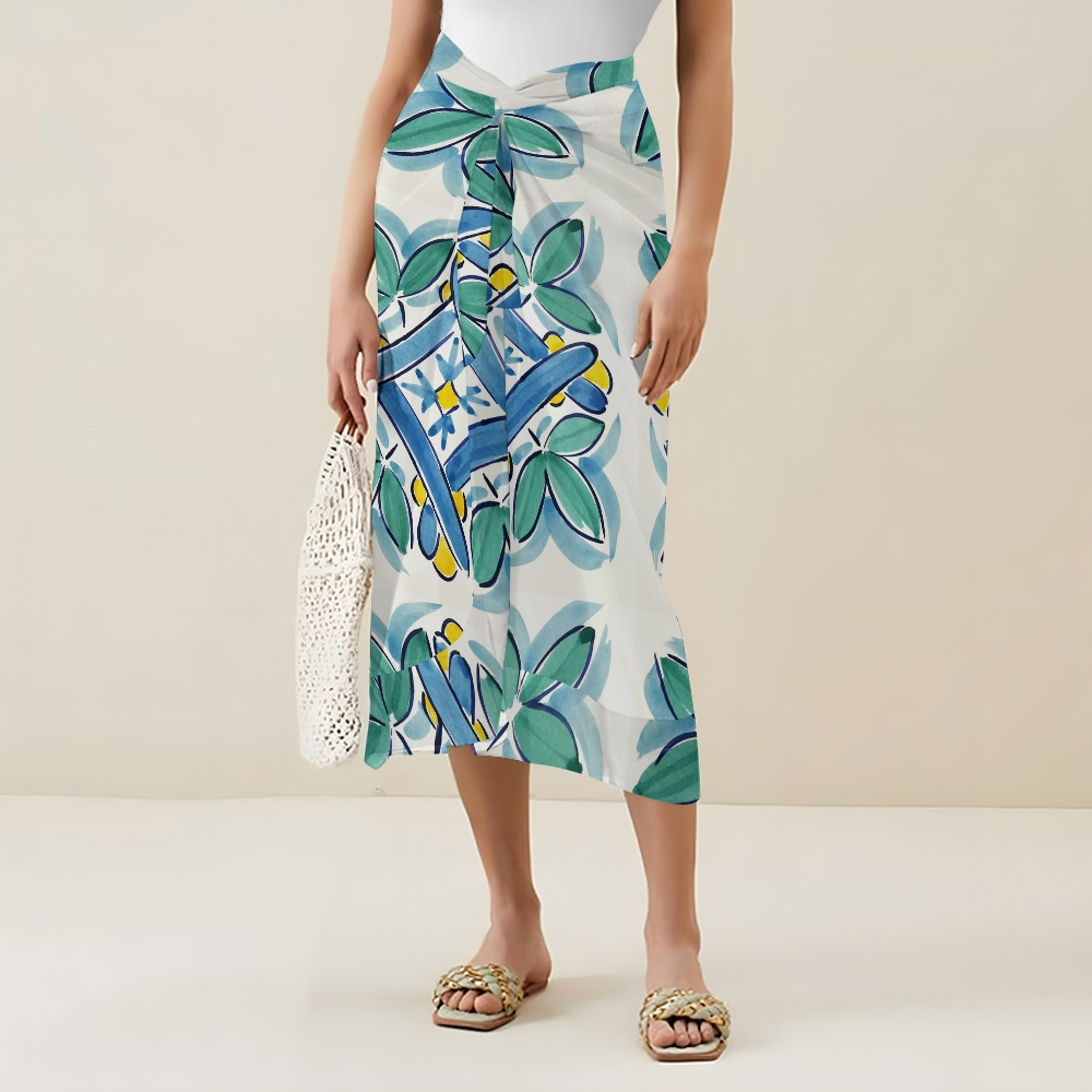 Women’s Tropical Leaf Print One Piece Swimsuit with Matching Wrap Skirt Set