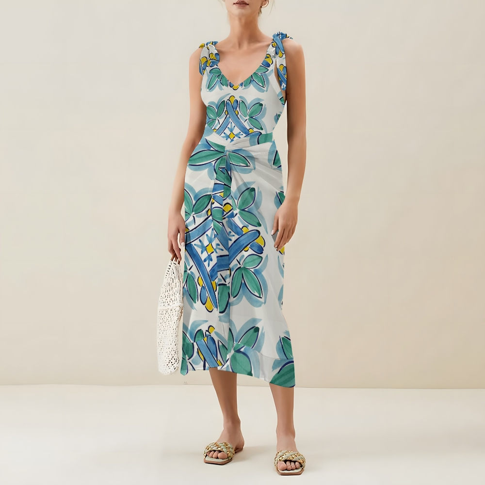 Women’s Tropical Leaf Print One Piece Swimsuit with Matching Wrap Skirt Set