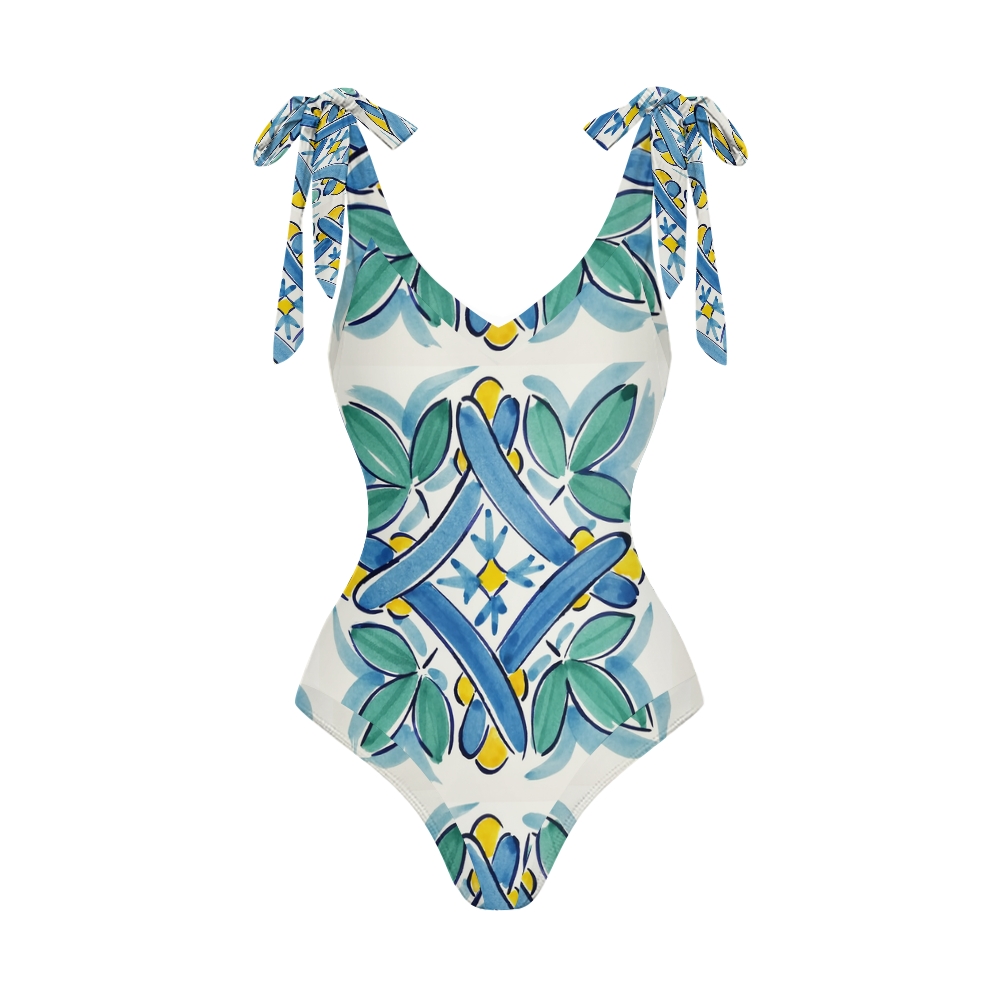 Women’s Tropical Leaf Print One Piece Swimsuit with Matching Wrap Skirt Set