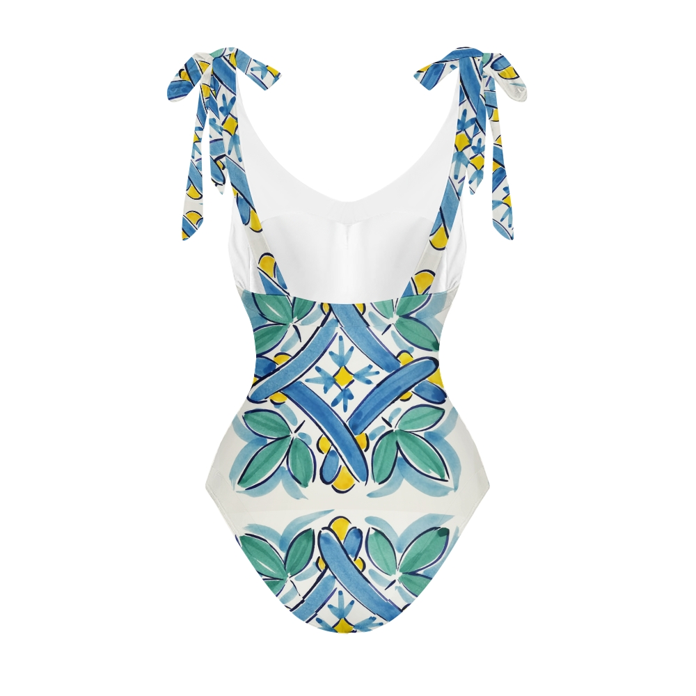 Women’s Tropical Leaf Print One Piece Swimsuit with Matching Wrap Skirt Set
