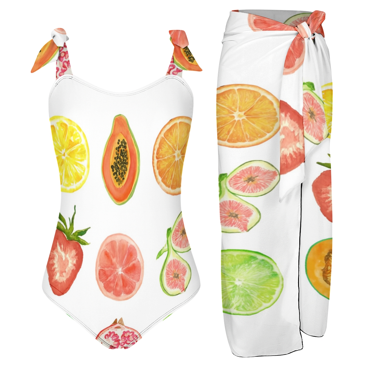 Women’s Fruit Print One Piece Swimsuit and Wrap Skirt Set for Beachwear