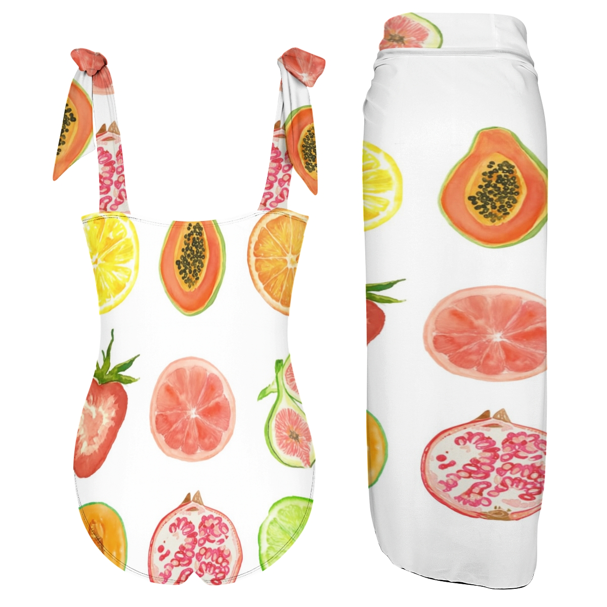 Women’s Fruit Print One Piece Swimsuit and Wrap Skirt Set for Beachwear