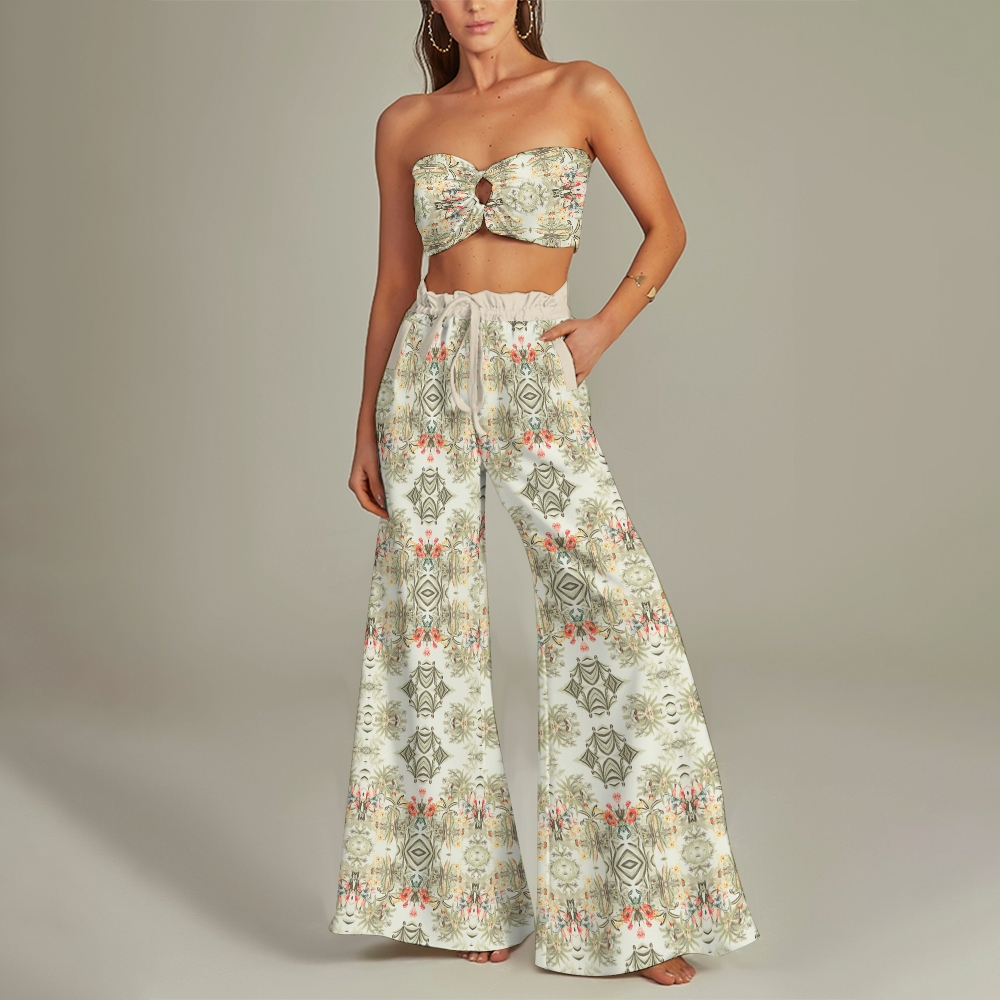 Bohemian 3-Piece Bikini Set with Top, High-Waisted Bottoms & Wide-Leg Pants