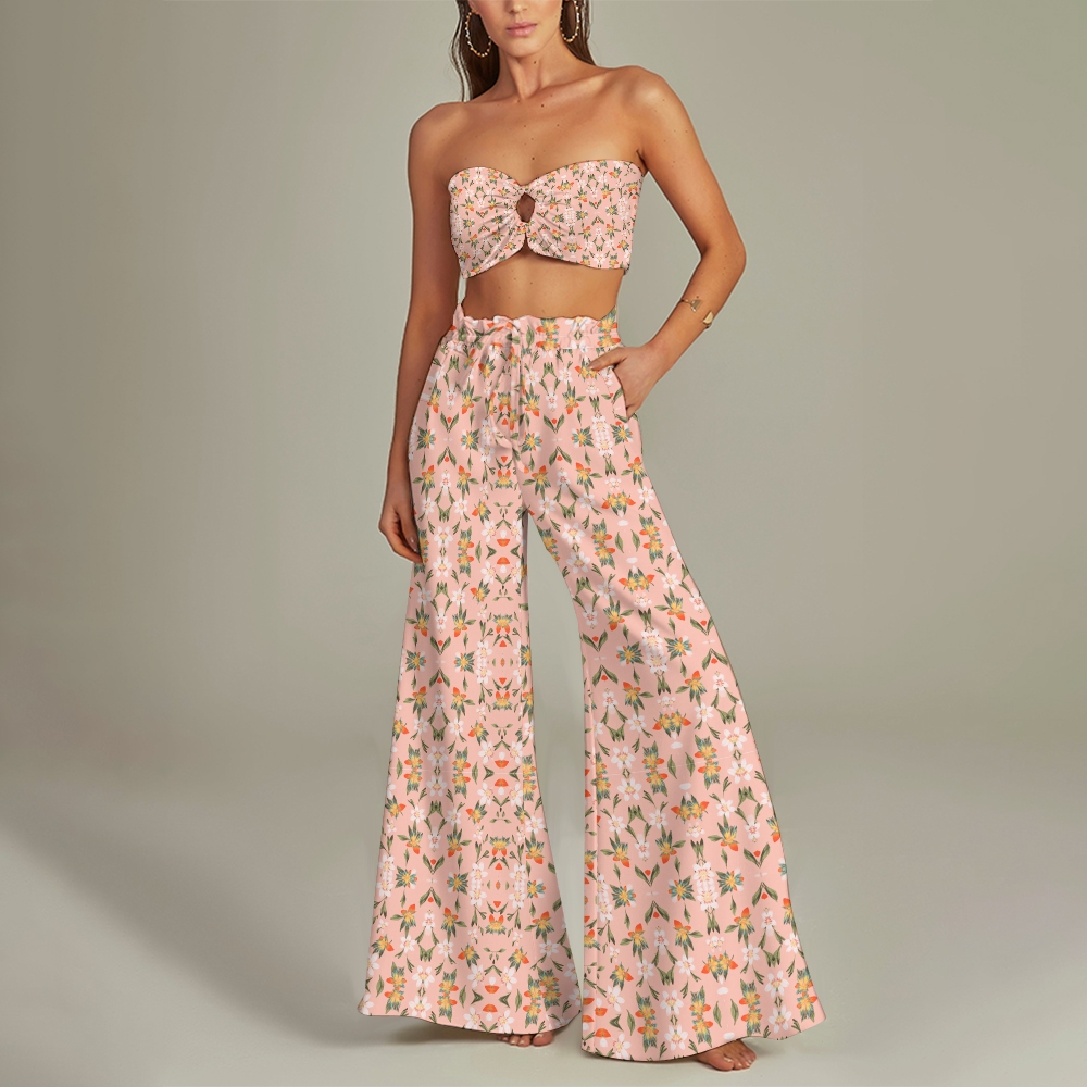 Floral 3-Piece Bikini Set with Top, High-Waisted Bottoms & Wide-Leg Pants