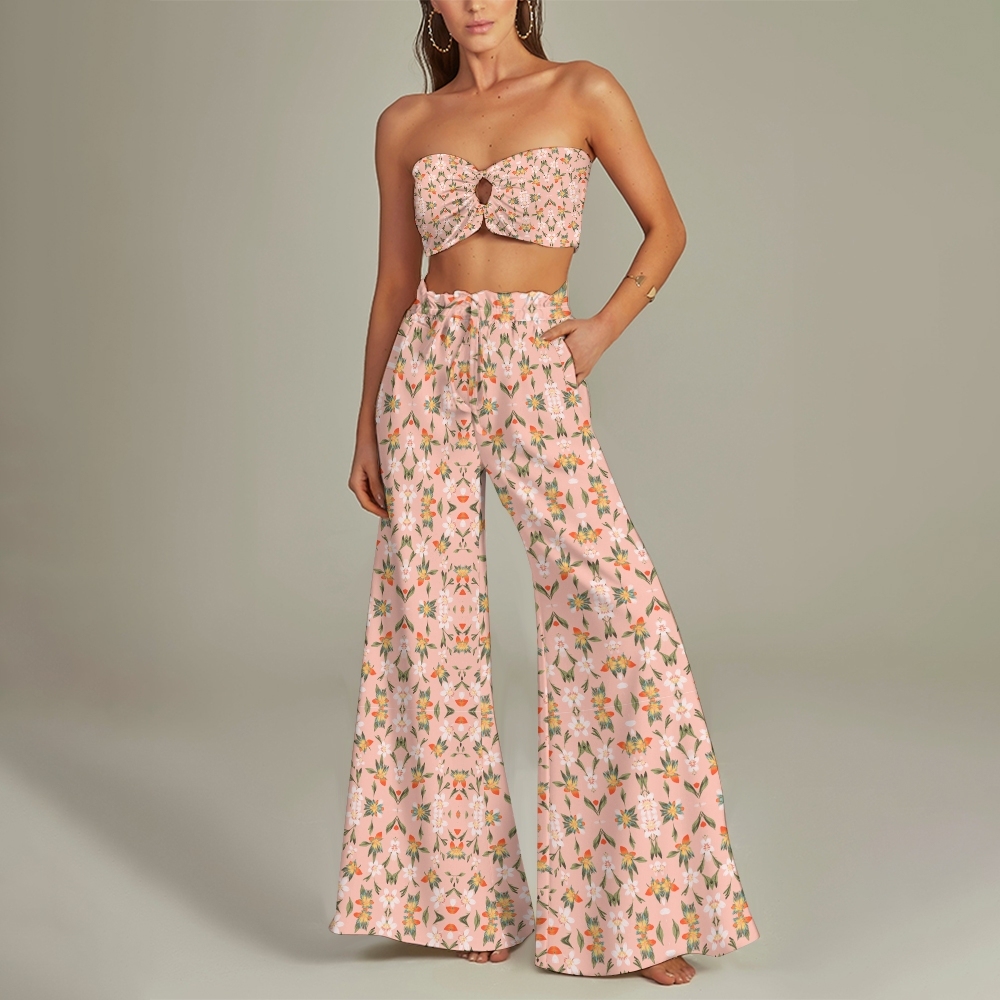 Floral 3-Piece Bikini Set with Top, High-Waisted Bottoms & Wide-Leg Pa