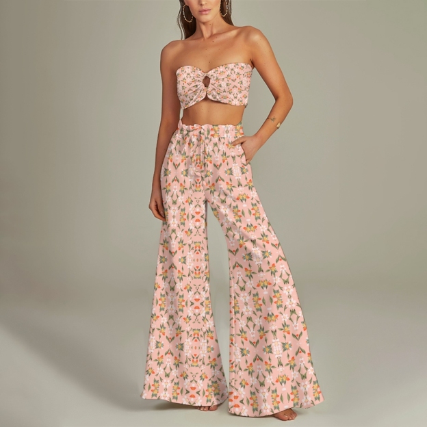 Floral 3-Piece Bikini Set with Top, High-Waisted Bottoms & Wide-Leg Pants