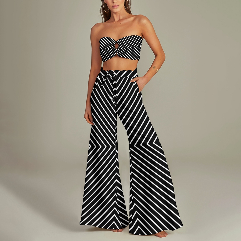 Striped 3-Piece Bikini Set with Top, High-Waisted Bottoms & Wide-Leg Pants