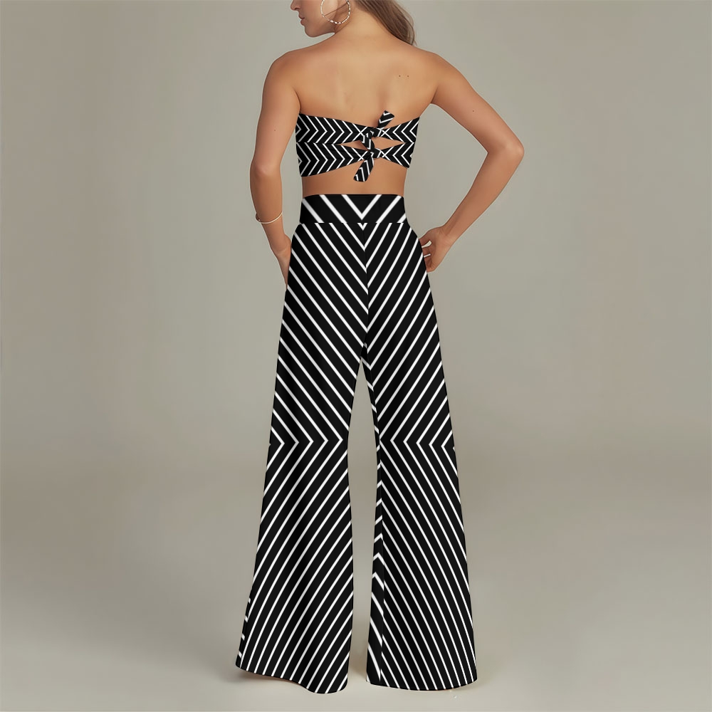 Striped 3-Piece Bikini Set with Top, High-Waisted Bottoms & Wide-Leg Pants