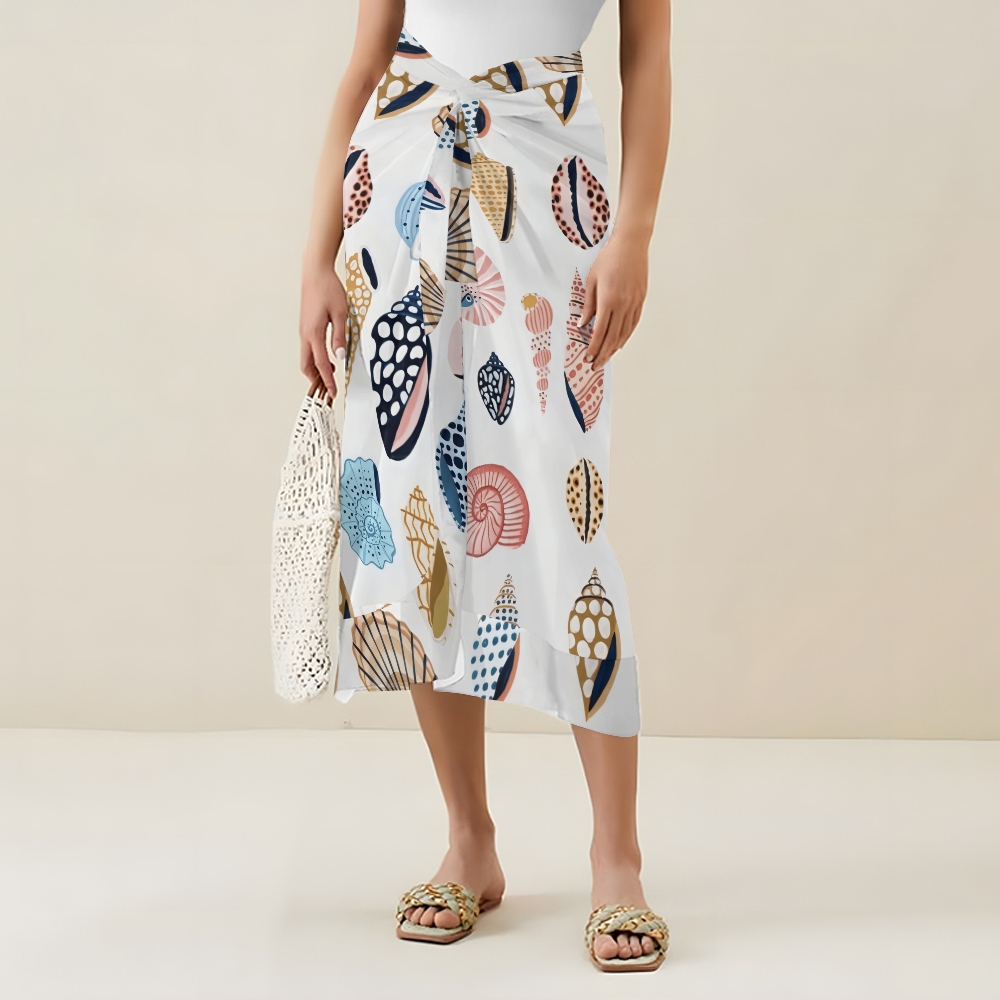 Beach Ready One Piece Swimsuit with Shoulder Tie Straps and Printed Skirt