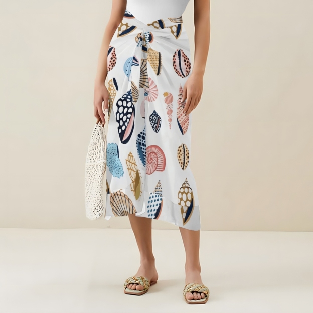 Beach Ready One Piece Swimsuit with Shoulder Tie Straps and Printed Skirt