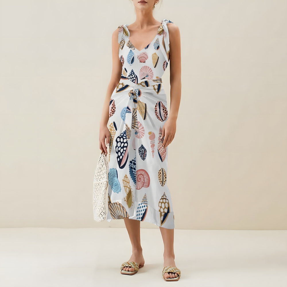 Beach Ready One Piece Swimsuit with Shoulder Tie Straps and Printed Skirt