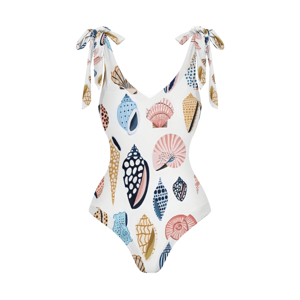 Beach Ready One Piece Swimsuit with Shoulder Tie Straps and Printed Skirt