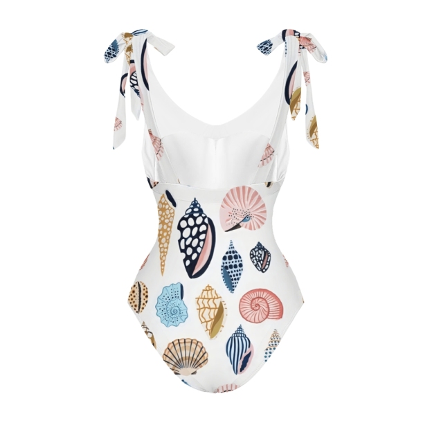 Beach Ready One Piece Swimsuit with Shoulder Tie Straps and Printed Skirt