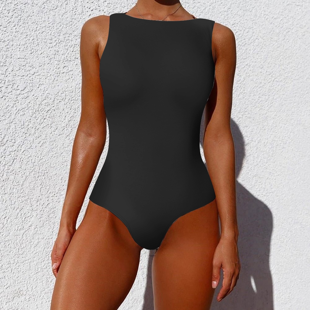 Sleek Solid color Minimalist Style High-Neck Sleeveless One-Piece Swimsuit