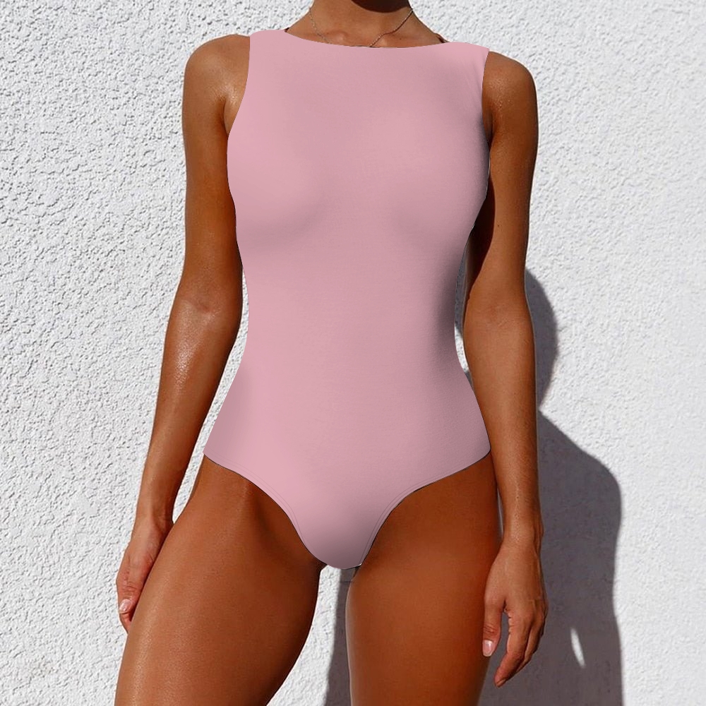 Sleek Solid color Minimalist Style High-Neck Sleeveless One-Piece Swimsuit