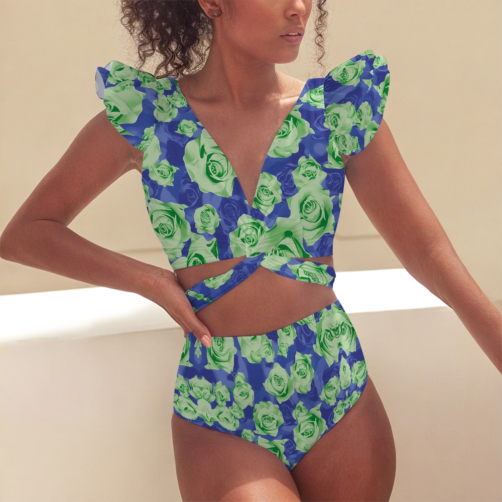 Floral Puff Sleeve V-Neckline One-Piece Swimsuit with Cutout Waist