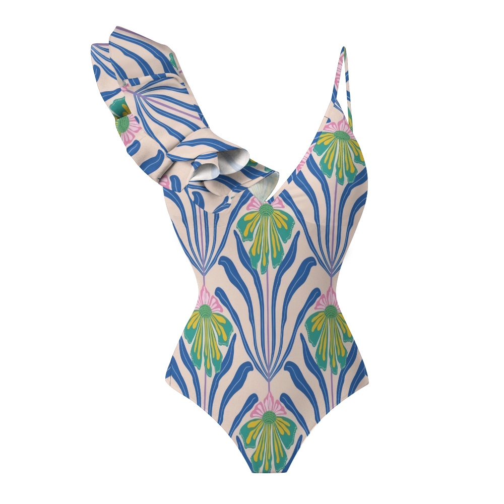 One Shoulder Ruffle Swimsuit with Artistic Floral Print