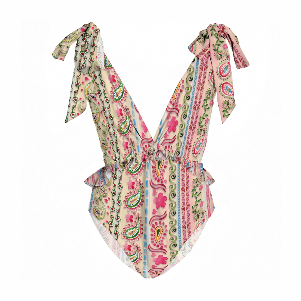 Paisley Floral Print Swimwear with Ruffle Waist and Tie Straps