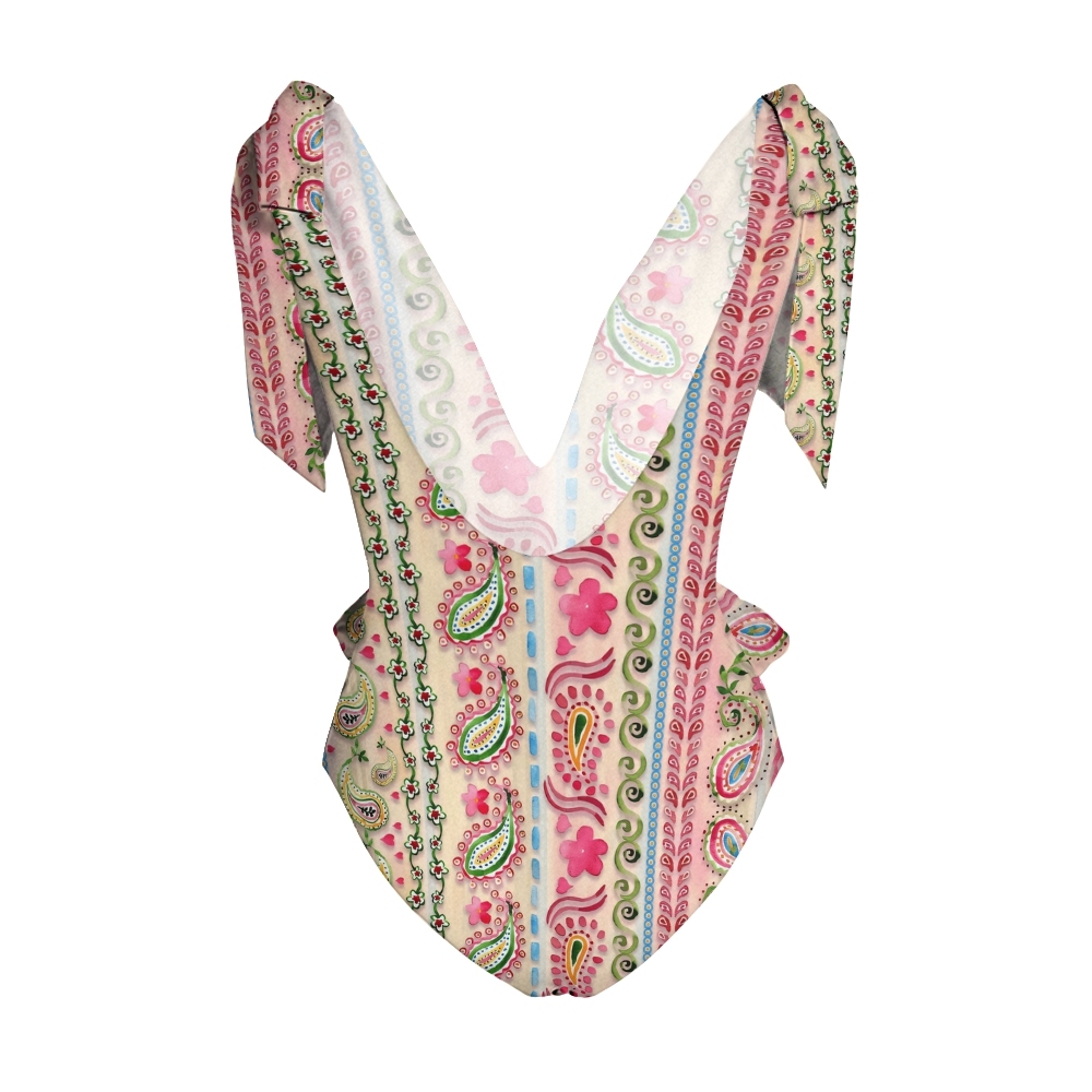 Paisley Floral Print Swimwear with Ruffle Waist and Tie Straps