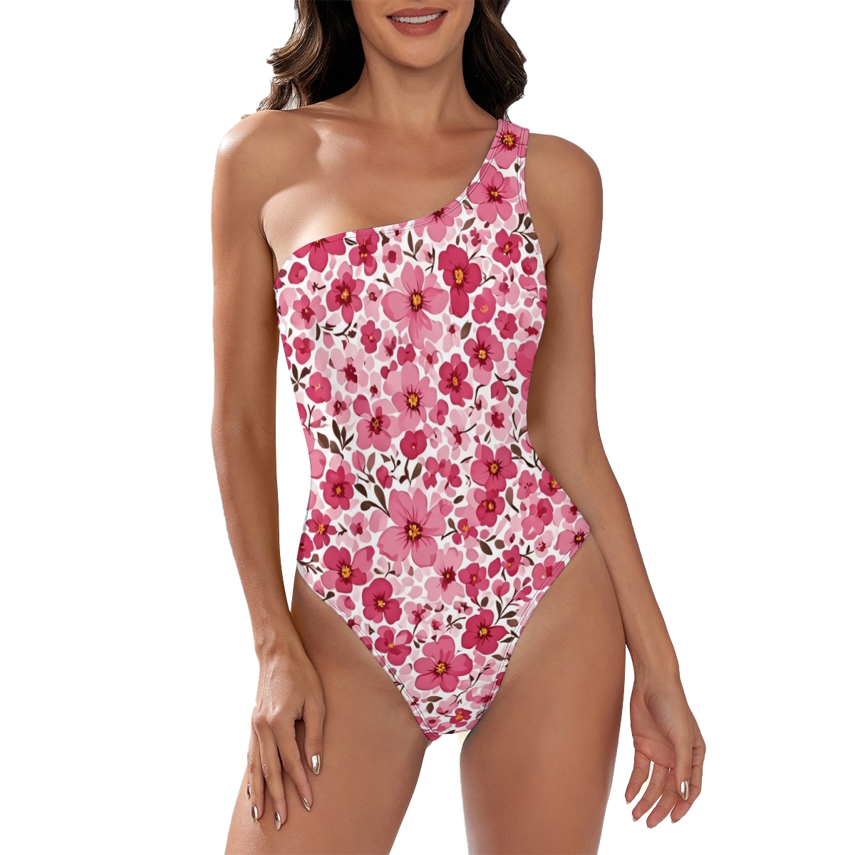 One Shoulder Swimwear with Pink Floral Print for Tropical Getaways