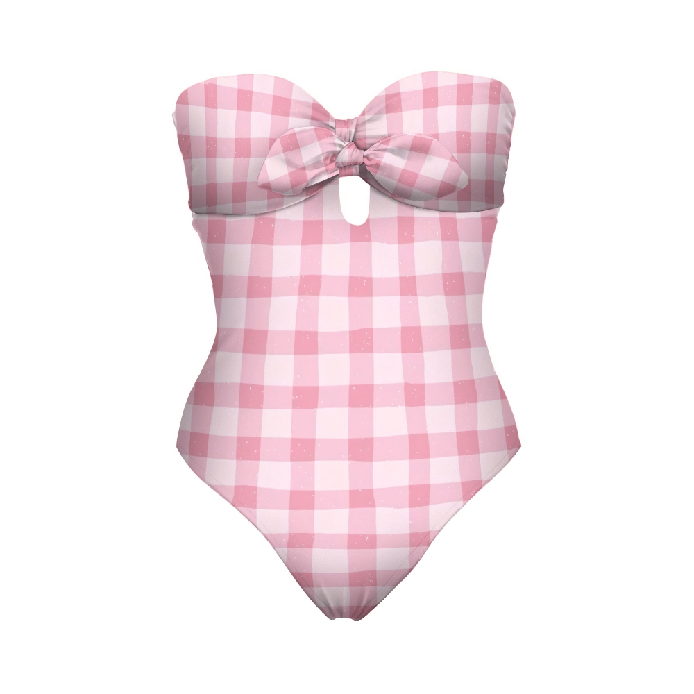 Chic Strapless Swimwear with Classic Gingham and Feminine Bow Accent