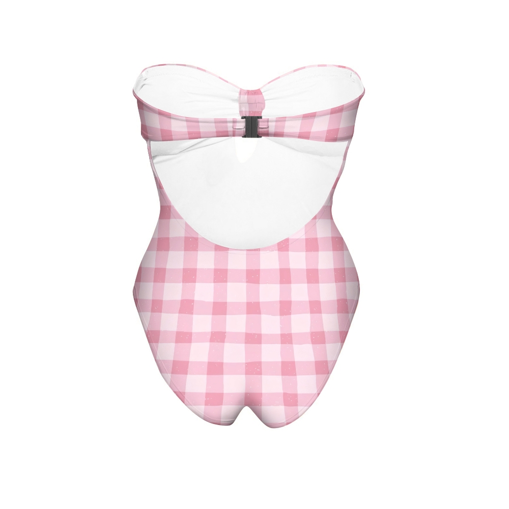 Chic Strapless Swimwear with Classic Gingham and Feminine Bow Accent