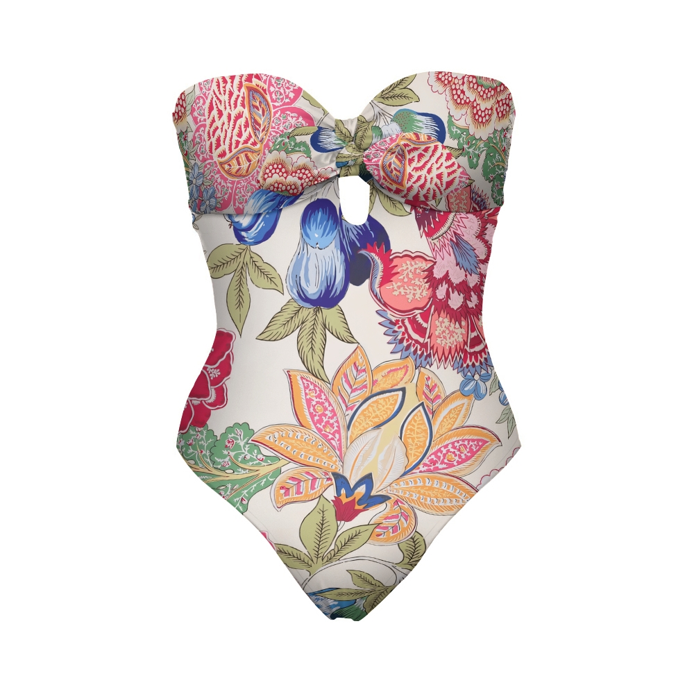 Strapless Floral Swimwear with Sweetheart Knot and Keyhole Detail