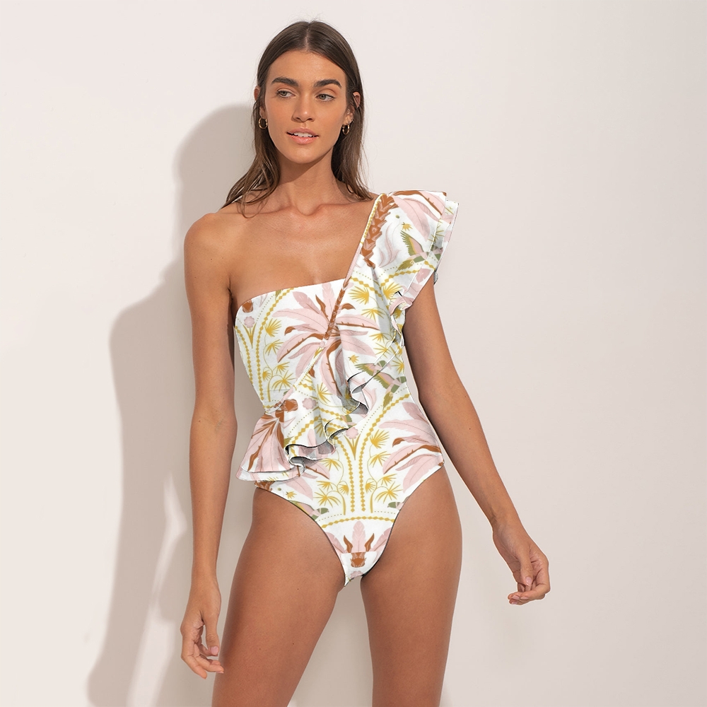 Tropical Vibes Swimwear with One Shoulder Cut and Leaf Print Flair