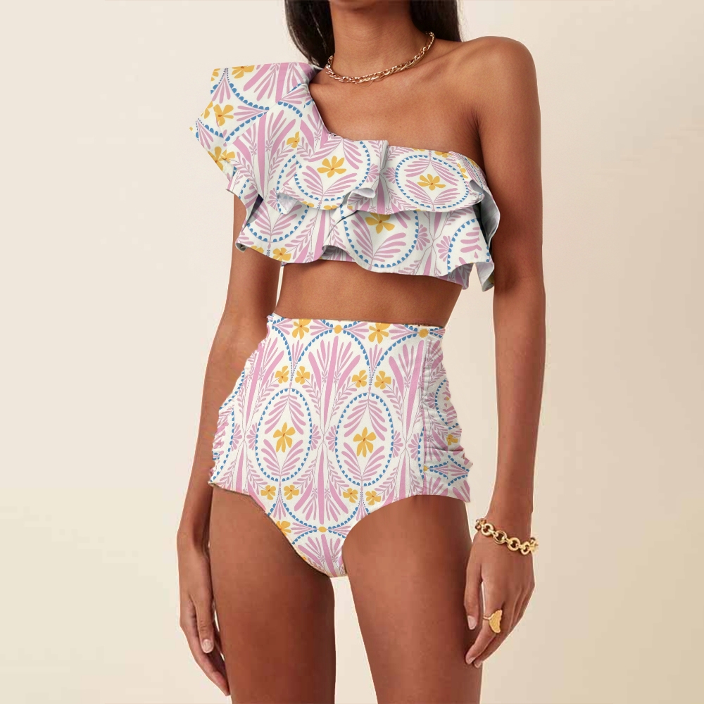 One Shoulder Ruffle Bikini Set with Retro Floral Geometric Print