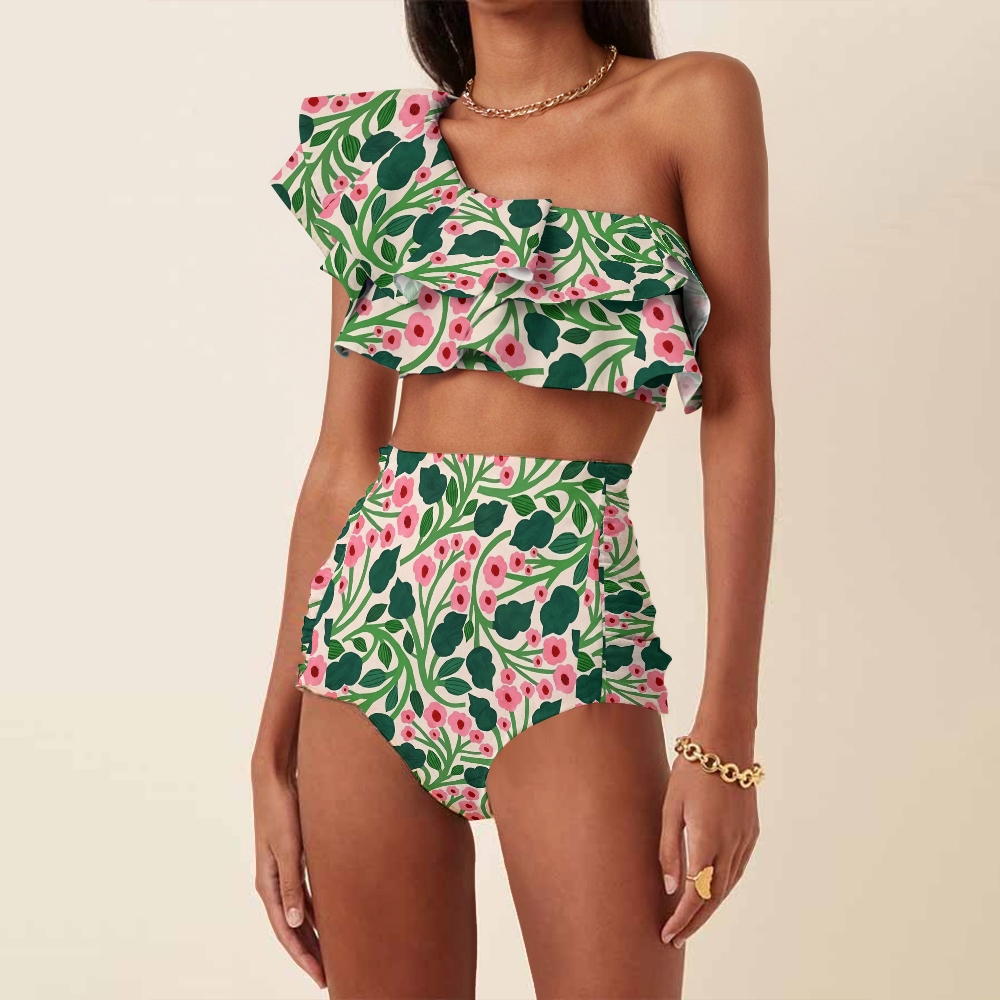 Floral Print Bikini Set with One Strap Top and High Waist Bottoms
