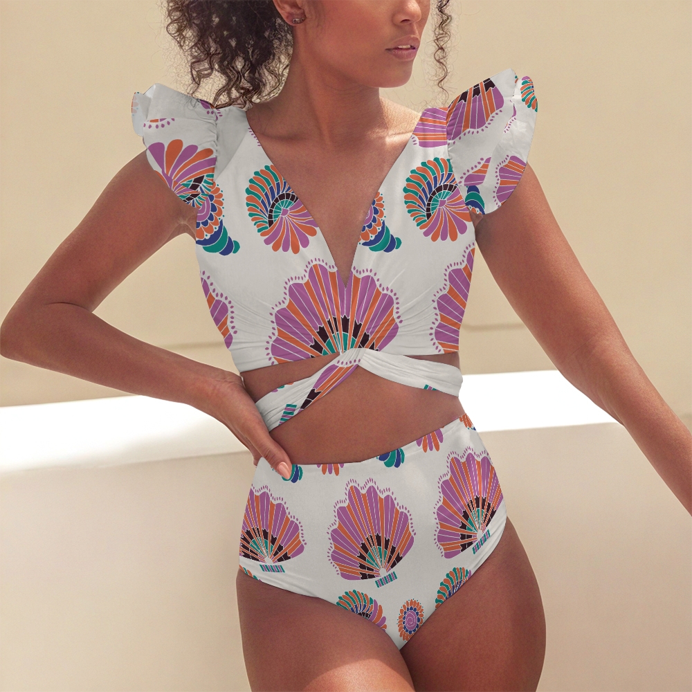 High Waist Two Piece Swimwear Set Featuring Artistic Shell Motifs and Ruffled Sleeves
