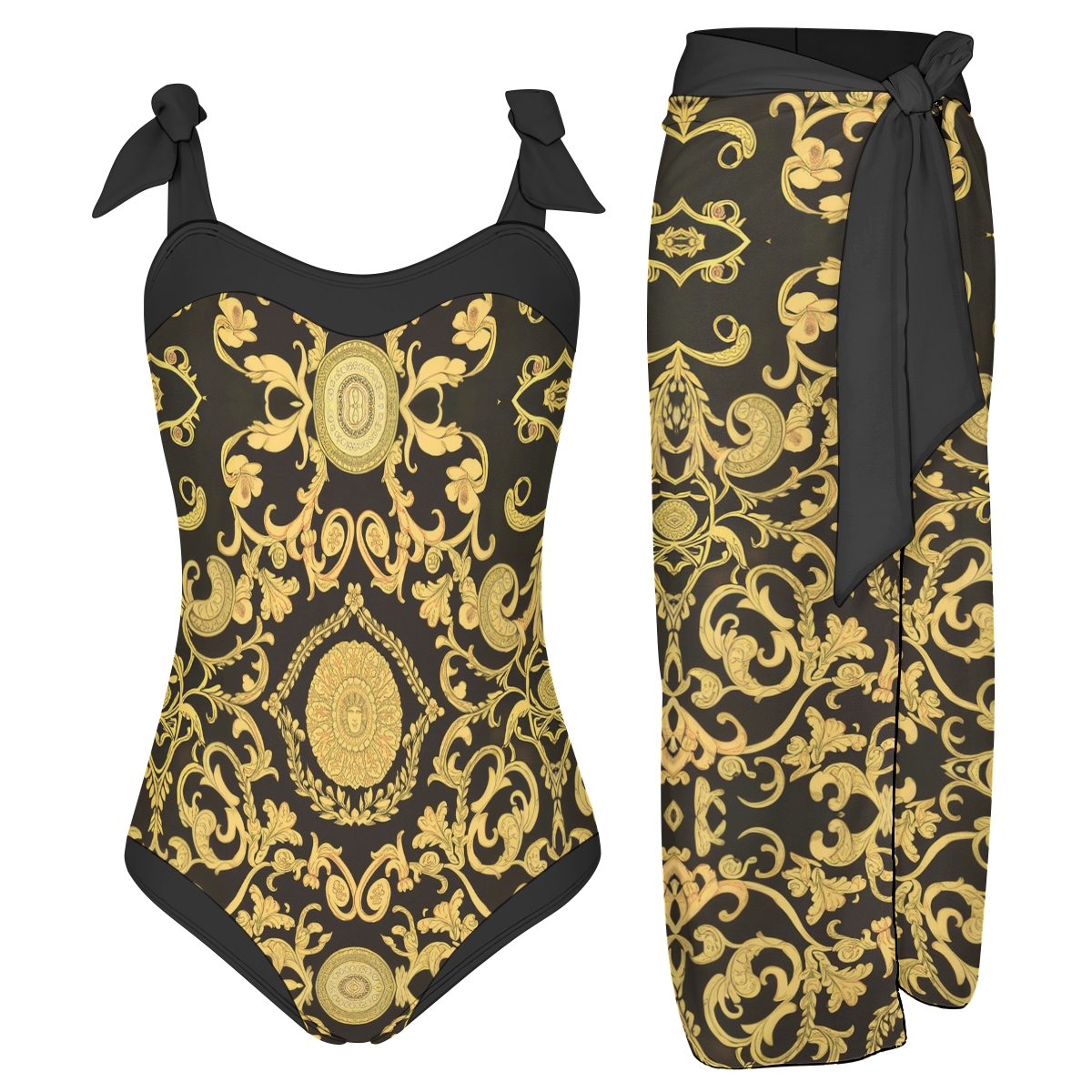 Gold & Black Baroque Print One-Piece Swimsuit with Matching Sarong Skirt