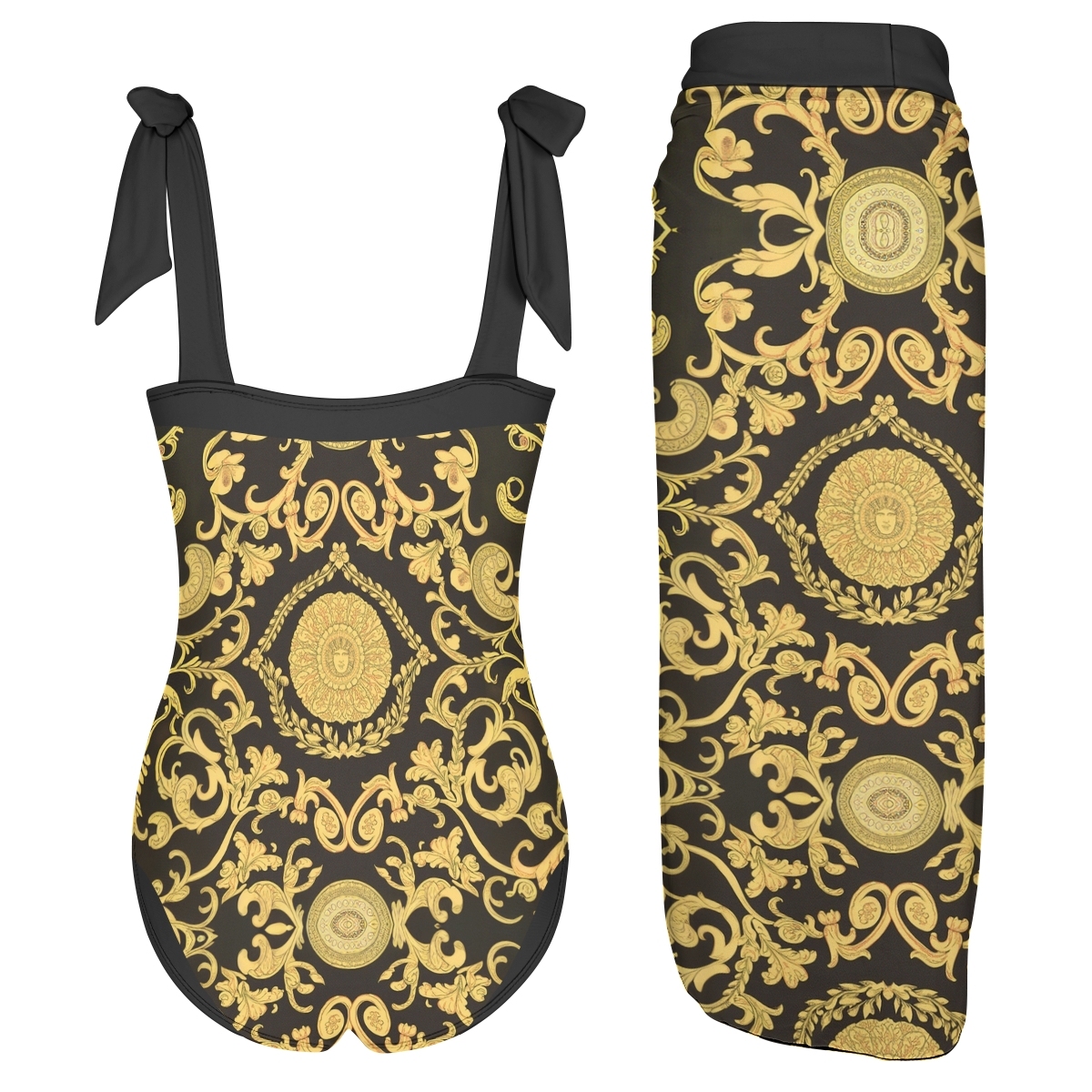 Gold & Black Baroque Print One-Piece Swimsuit with Matching Sarong Skirt