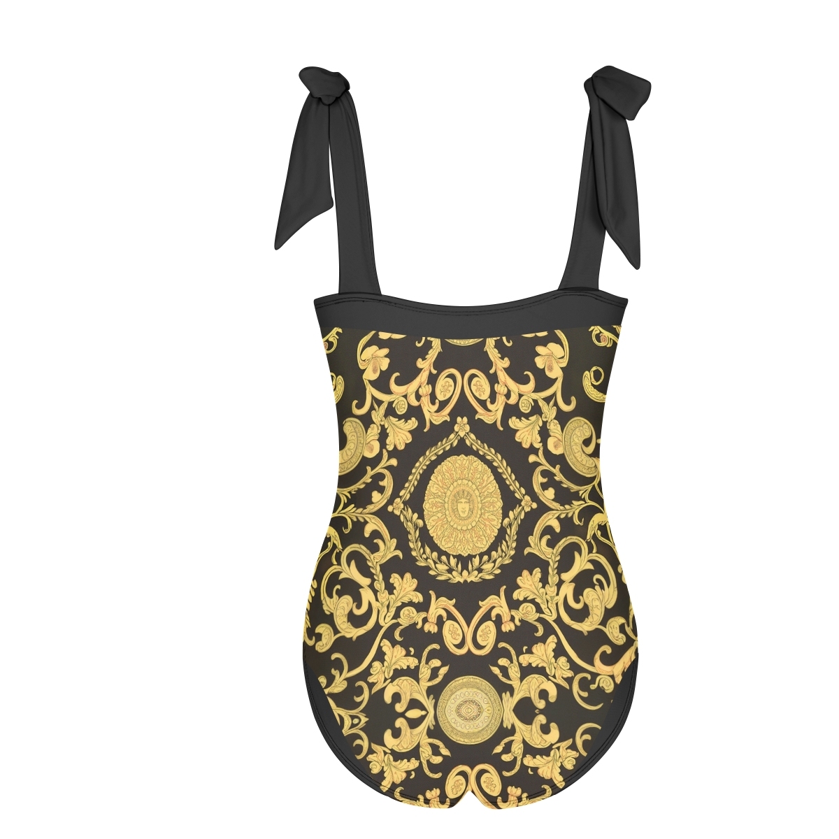 Gold & Black Baroque Print One-Piece Swimsuit with Matching Sarong Skirt