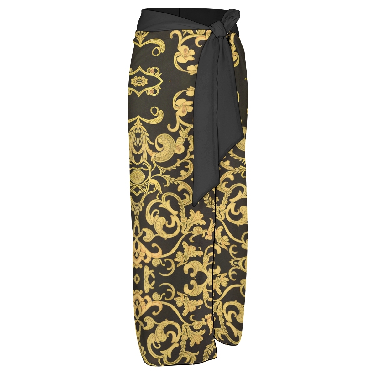 Gold & Black Baroque Print One-Piece Swimsuit with Matching Sarong Skirt