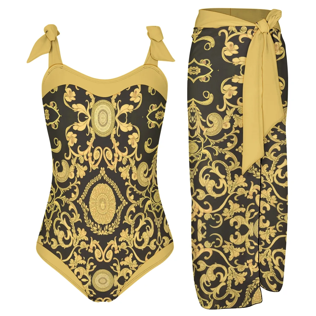 Gold & Black Baroque Print One-Piece Swimsuit with Matching Sarong Skirt