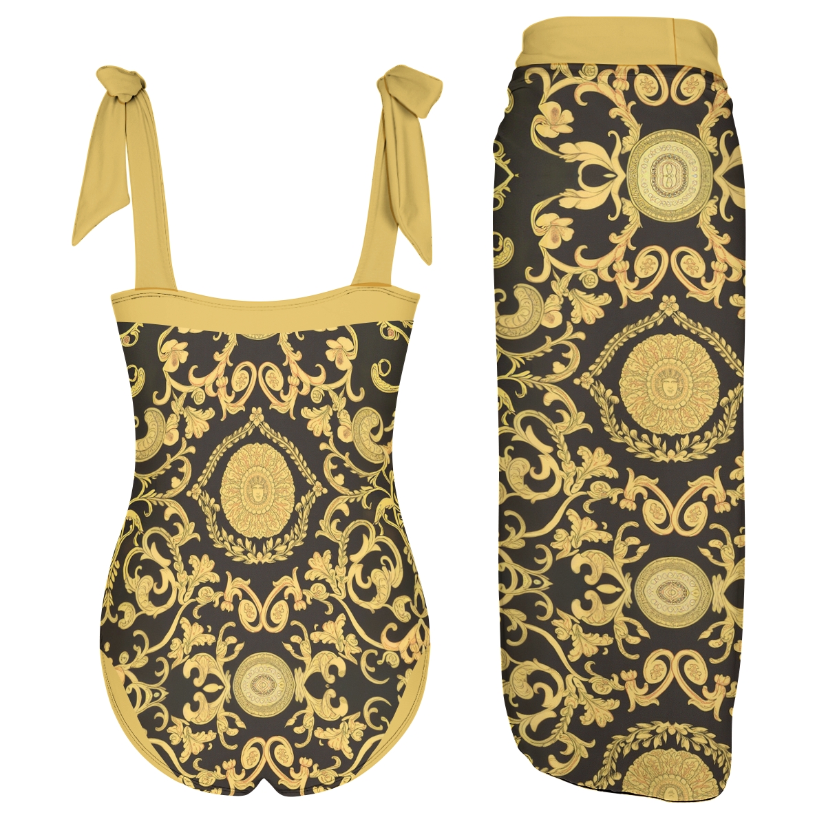 Gold & Black Baroque Print One-Piece Swimsuit with Matching Sarong Skirt
