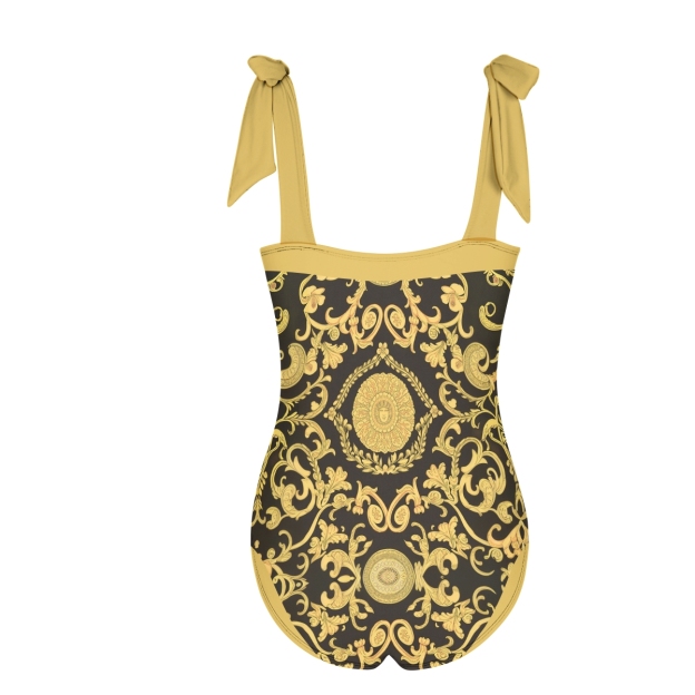 Gold & Black Baroque Print One-Piece Swimsuit with Matching Sarong Skirt