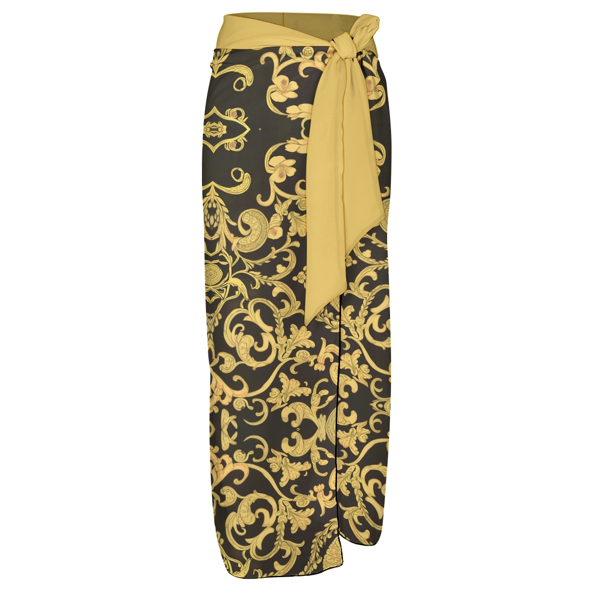 Gold & Black Baroque Print One-Piece Swimsuit with Matching Sarong Skirt